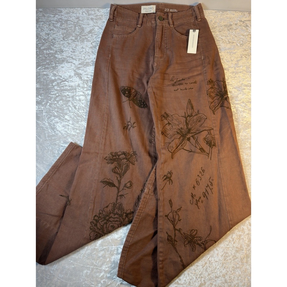 Anthropologie Pilcro Jeans Womens 23 Embroidered Floral Wide Leg Brown NWT